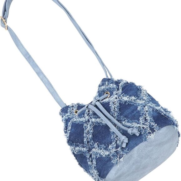 Women Denim Mini Bucket Bag Crossbody Drawstring Quilted Tassel Purse - Picture 6 of 6